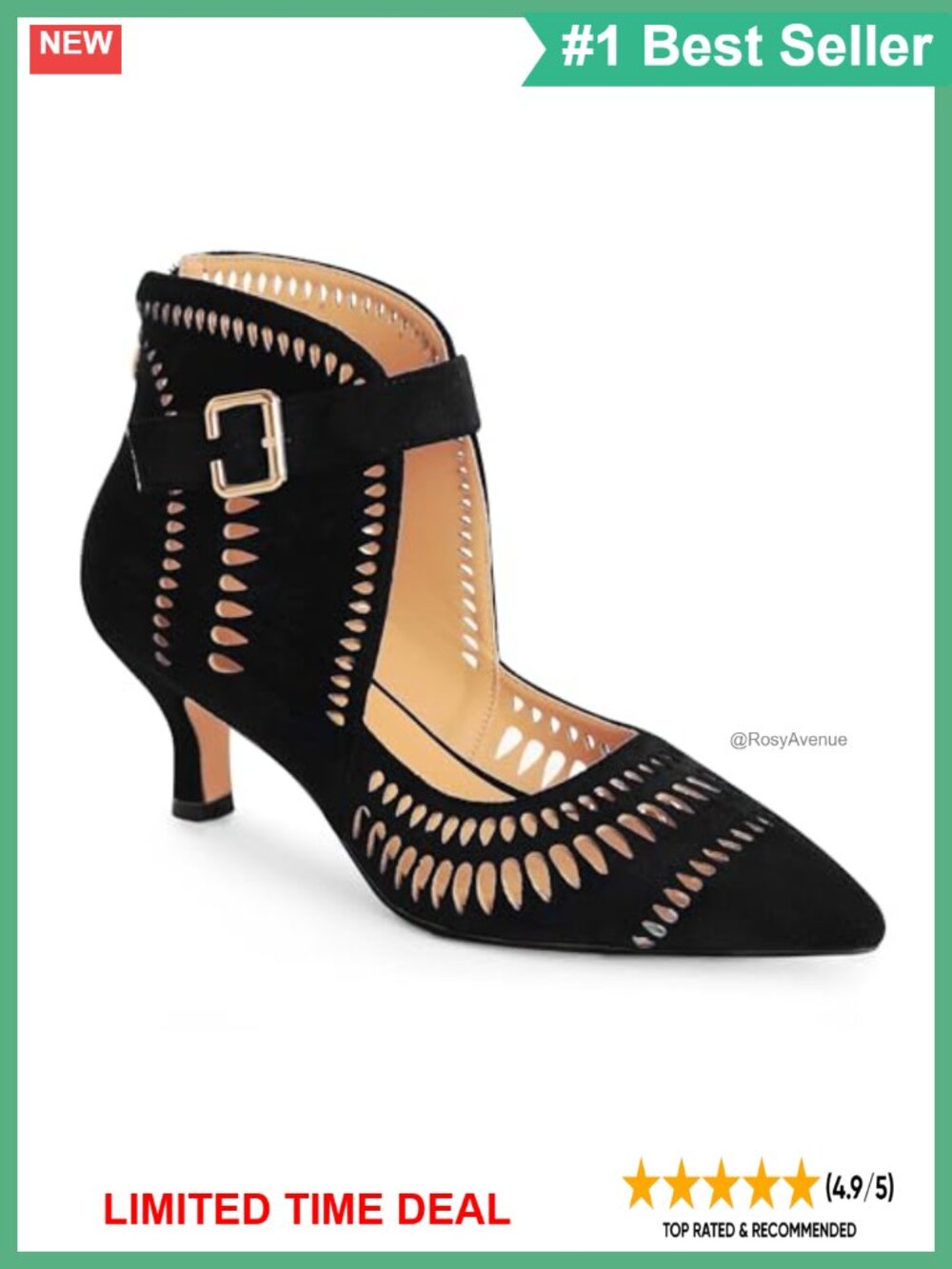 Women's Pointed Toe Mid Heels Ankle Strap Buckle Pumps Faux Suede Dress Shoes